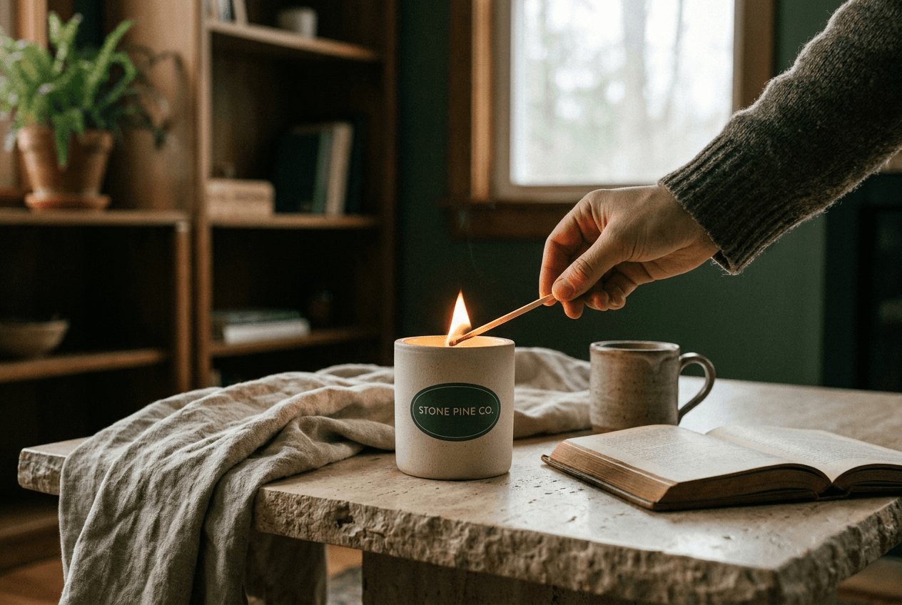 Lighting a Stone Pine Co. candle